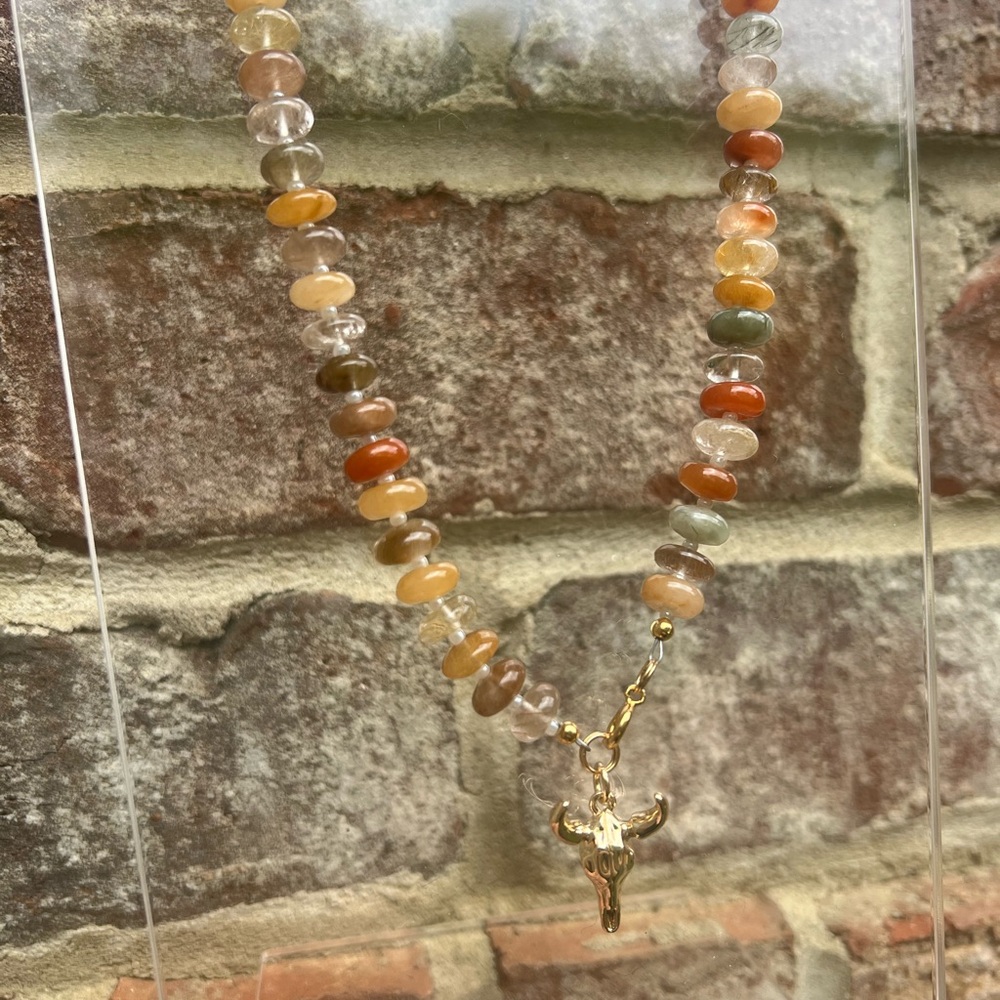 Gold and Multicolor Beaded Necklace with Bull Pendant